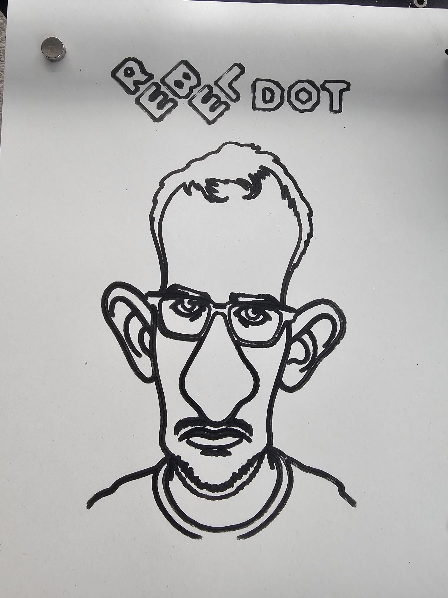 The finished pen-plotted caricature: the same man as exaggerated black line art with oversized ears, big glasses and a long nose, REBEL DOT lettered above.